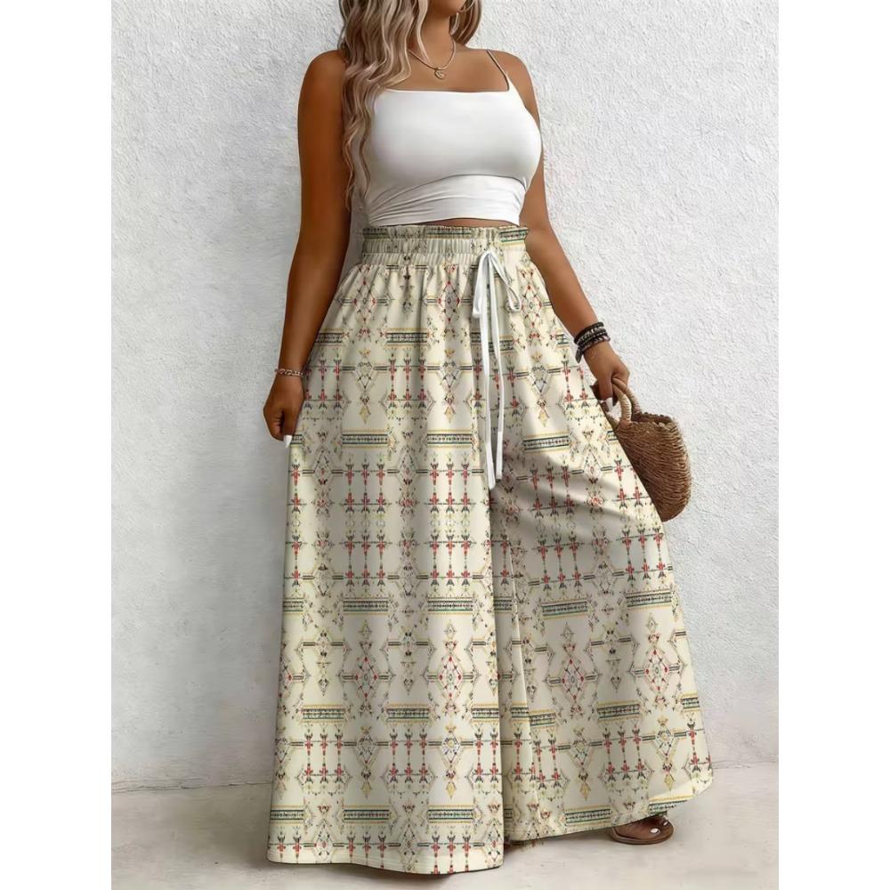 Large size women's printed loose wide leg pants, elegant with pockets, suitable for vacation and daily wear