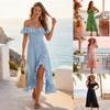 Damen Off-Shoulder Rüschen Maxikleid Hohe Taille Asymmetrischer Schlitz A-Linie Sommerkleid Lockerer Schnitt Strandurlaub Langes Kleid Sommer Sexy Resort Outfit