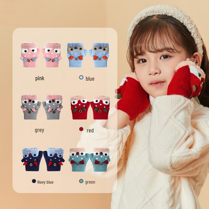 Kinder Rentier Fleece-gefütterte Fäustlinge mit Klappe, Gestrickt für Wärme, Halbfinger-Stil, Ideal zum Schreiben, Alter 3-10 Jahre, Herbst/Winter.
