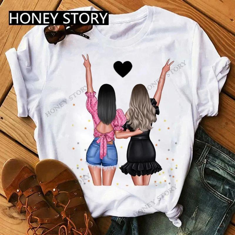 Summer Fashion Best Friends T-Shirt Short Sleeve Graphic Tees for Ladies Good Friend Bestie Sister Outfit Polyester Fabric
