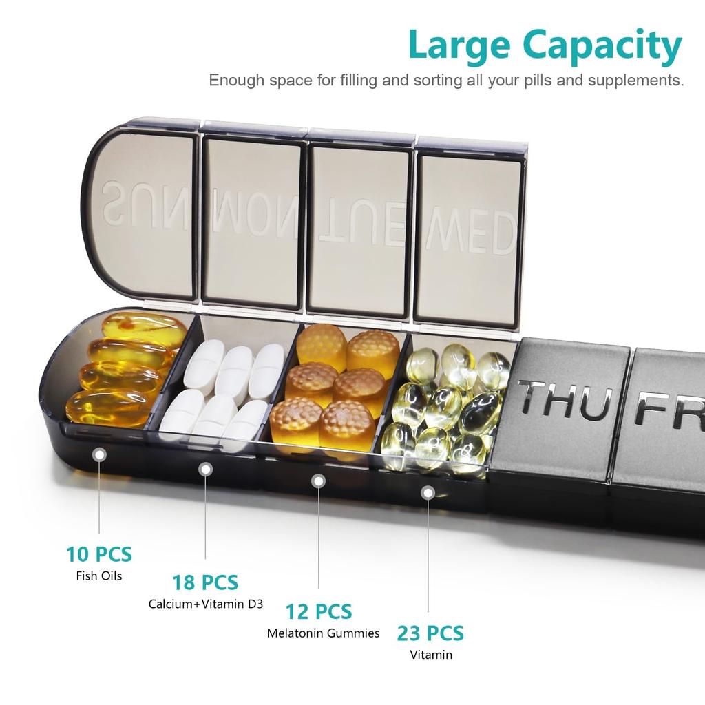 Weekly Pill Case Drug Dispense Small Reusable Plastic Containers 7 Day Daily Vitamin Containers to Hold Medicine Supplements