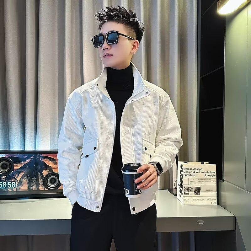 Men s Trendy Autumn/Winter Stand-up Collar Casual Loose Jacket Large белый