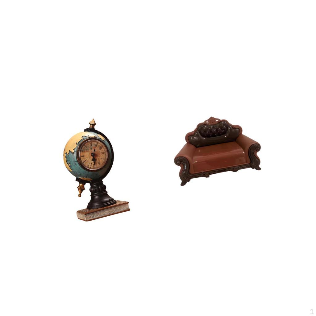 Figurine Table Clock Art Craft Ornament for Office Shelf Bedroom Cabinet with Miniature Sofa Couch