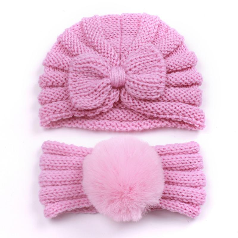 New children's winter warm headscarf hat set, baby bow pullover hat, baby headband
