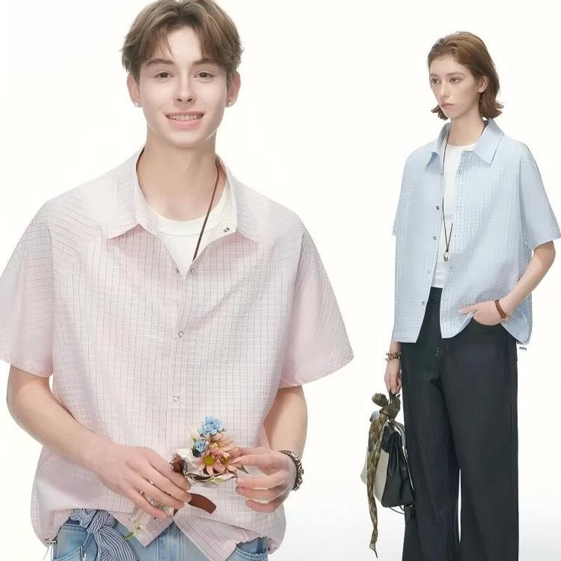 ICH MODE Unisex Seersucker Plaid Short Sleeve Shirt 2XL