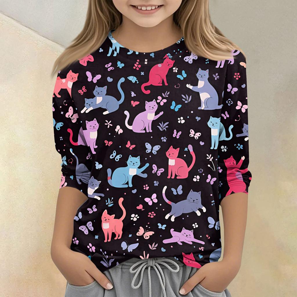 Children's Printed Round Neck Seven Quarter Sleeve Casual T-shirt