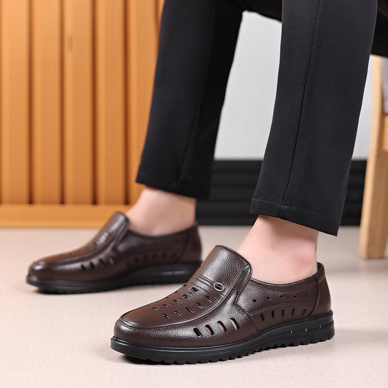Summer Hollow Leather Shoes Men's Leather Casual Men's Leather Sandals One Pedal Middle Old Dad Shoes Hole Shoes