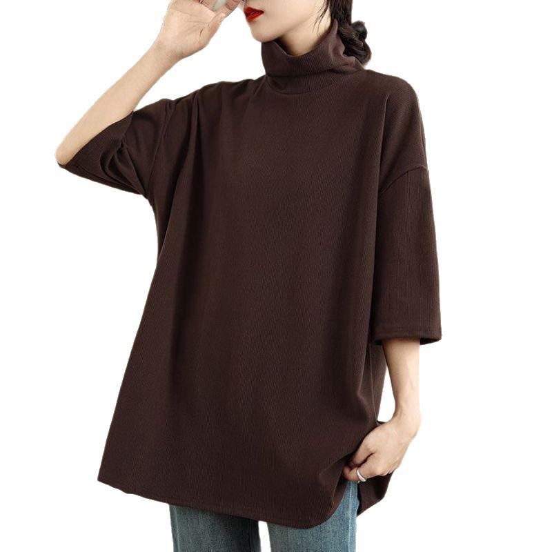 Women's Plus Size Retro High Neck Short Sleeve T-shirt, Autumn 2025, Loose & Slimming Outerwear, Regular Shoulder Base Layer.