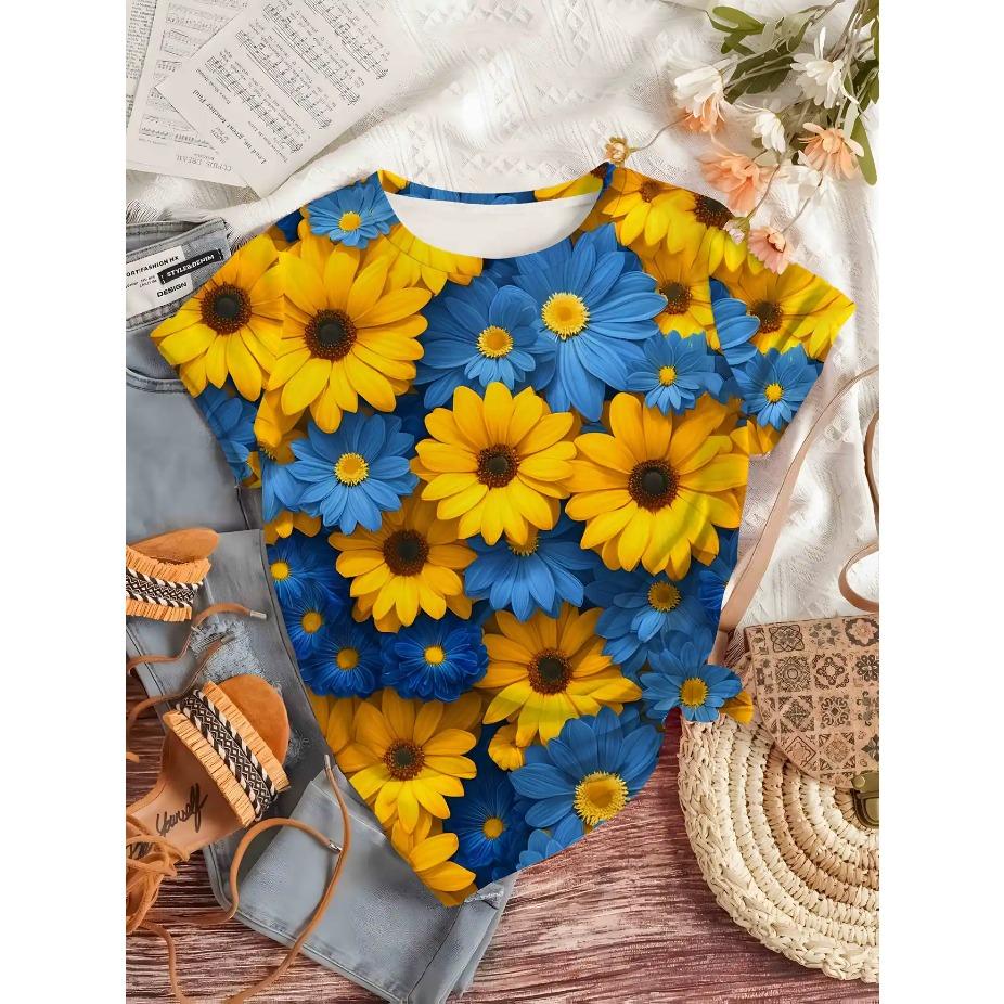 Tricou de damă cu imprimeu floral - Galben viu și albastru margaretă gât rotund mânecă scurtă top casual pentru toate anotimpurile tricouri de damă