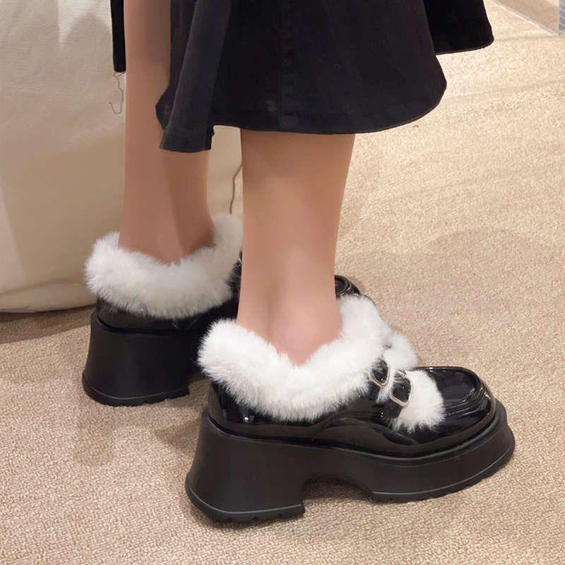 Mary Jane small leather shoes women's British style 2025 autumn and winter new platform Internet celebrity warm fluffy cotton shoes