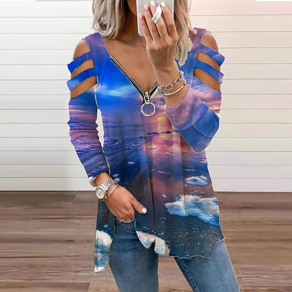 Women Casual Fashion Printed Zipper Long-sleeved V-neck T-shirt Top Blouse