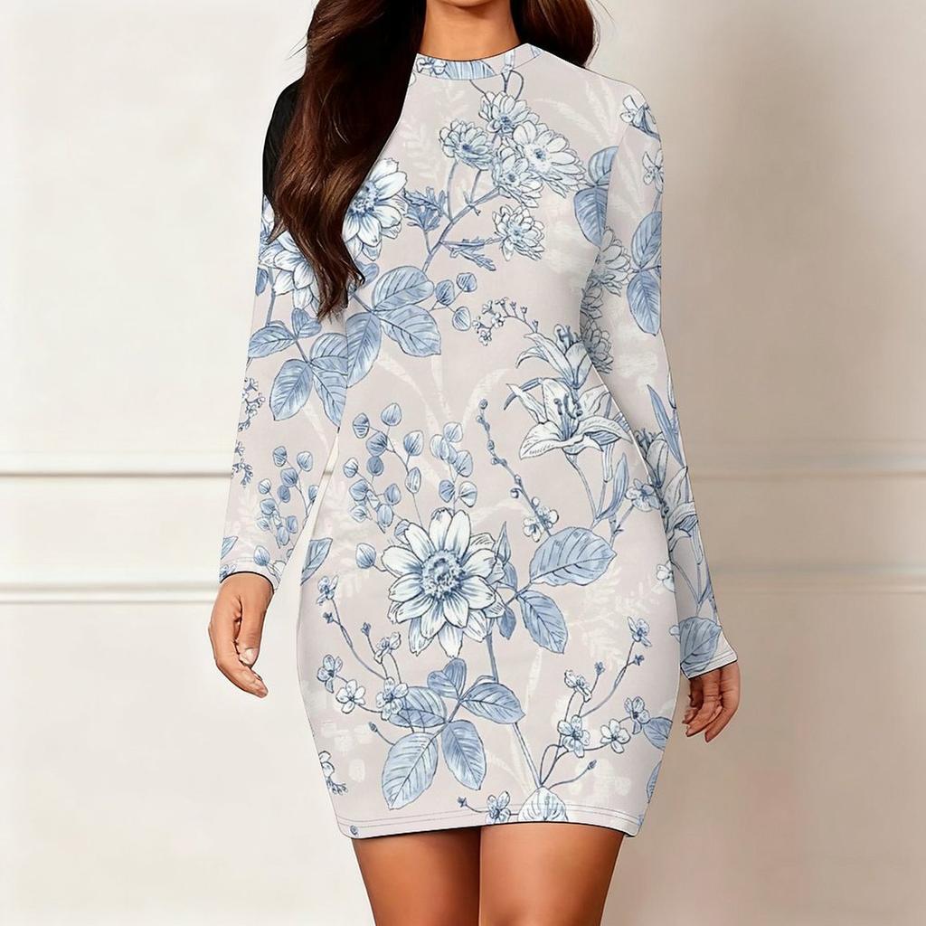 2025 Outono e Inverno Novo Estampa Floral 3D e Tingimento Moda Feminina Manga Longa Gola Redonda Vestido Envolvente de Quadril Dia dos Namorados Limitado