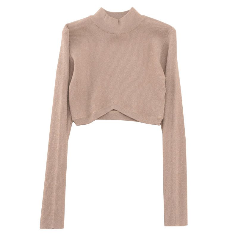 American Small Stand Collar Silver Silk Long Sleeves Short Knitwear Foreign Trade Original Order Silm Slim Looking Sexy Pure Desire Style