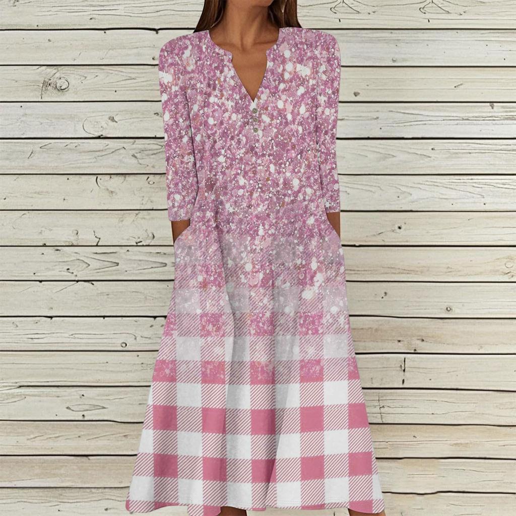 Damen Sommer Freizeit V-Ausschnitt Knopf Retro Geometrischer Druck Dreiviertelarm Langes Kleid mit Taschen