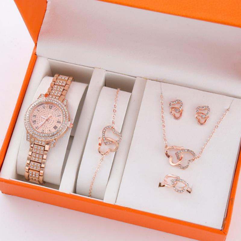 5Pcsset New Popular High-End Fashion Diamond-Encrusted Women'S Watch Small Fresh Retro Simple Watch Women'S Bracelet Set