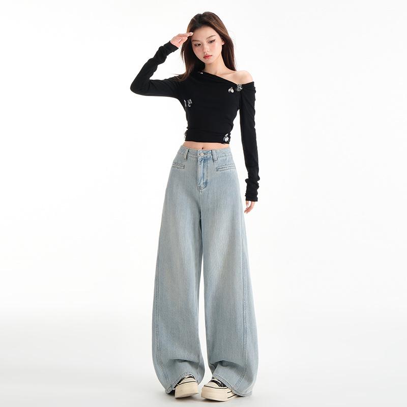 

Женские джинсы жаккардовые с высокой посадкой и широкими штанинами на весну 2025 года - Стройнящие, длиной до пола M