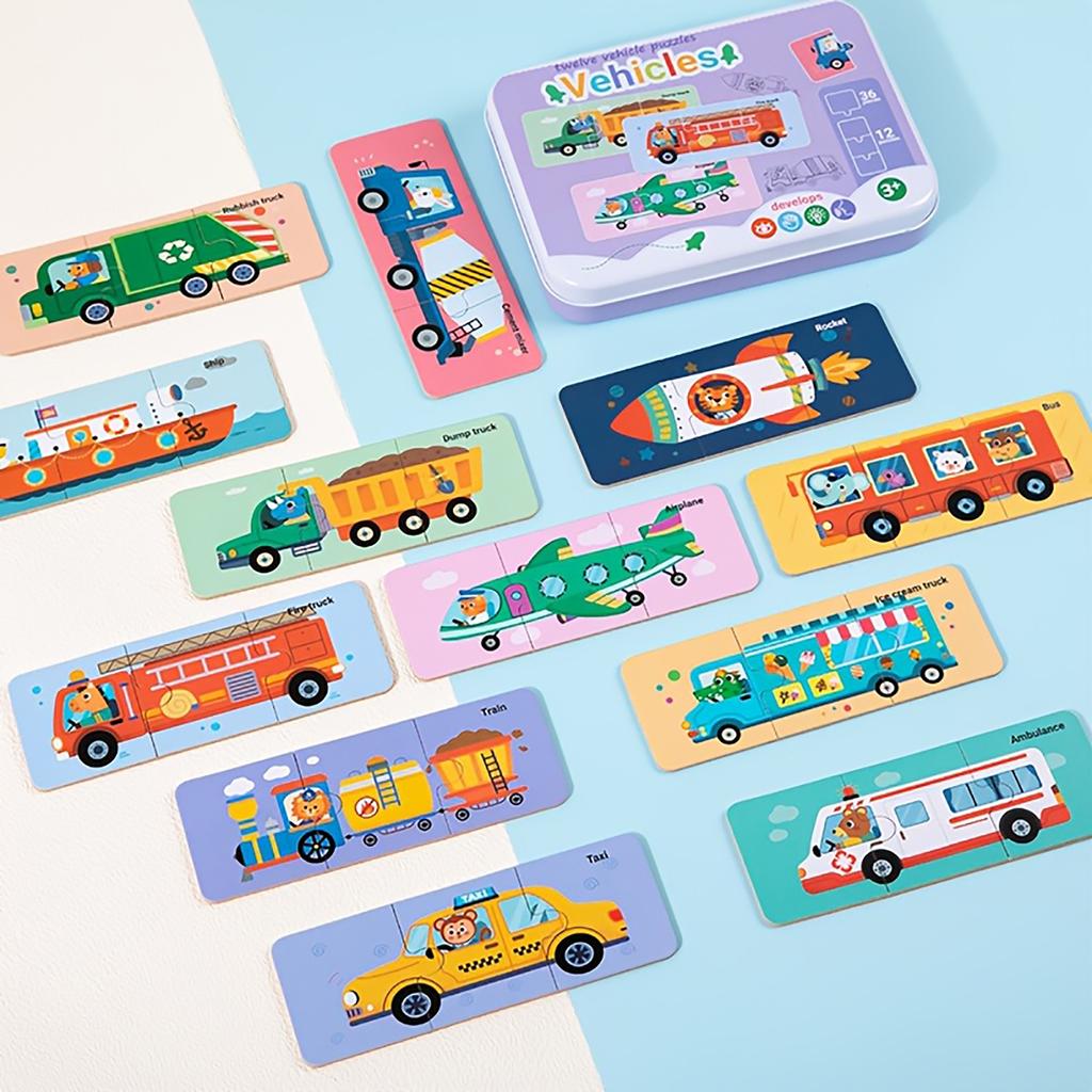 12pcs Educational Puzzles - Animal & Transport Themies  - Early Learning Toys With Colors,