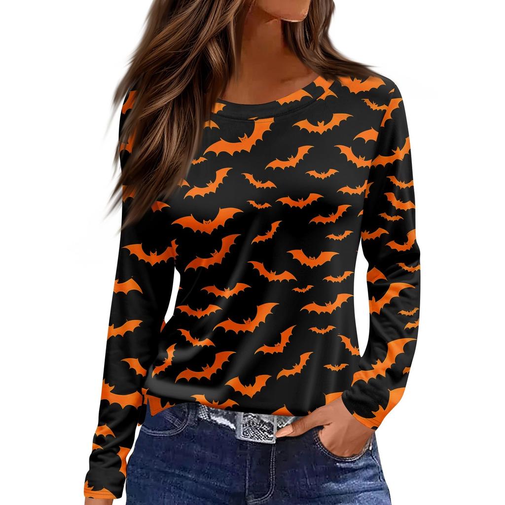 Women's Fashion Casual Slit Hem Round Neck Long Sleeve Loose Halloween Printed T-Shirt Ladies Top