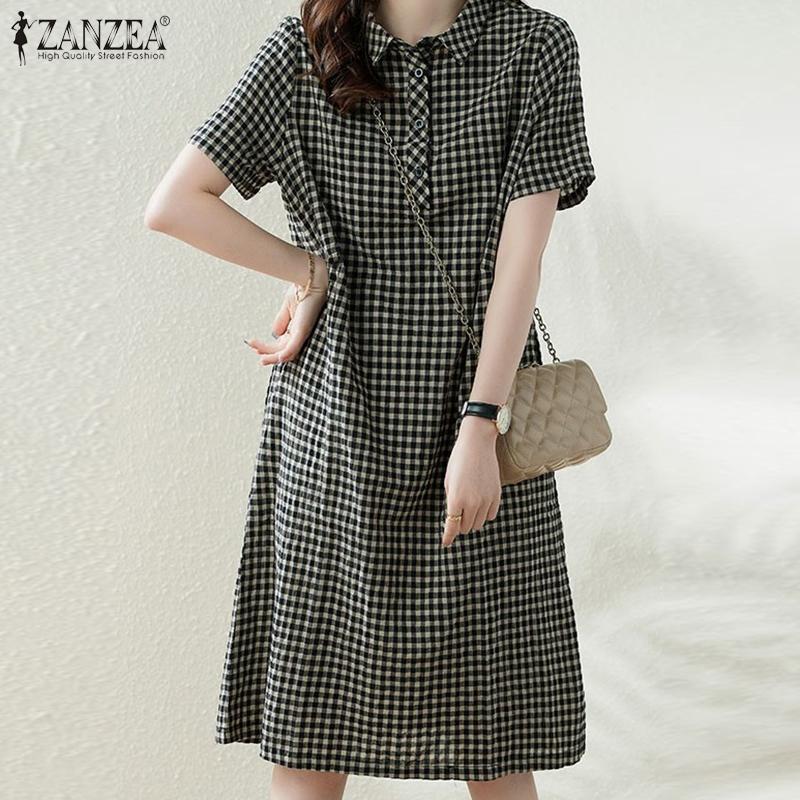 ZANZEA Damska koszula na co dzień z kołnierzykiem z krótkim rękawem, w kratę, luźna, prosta sukienka