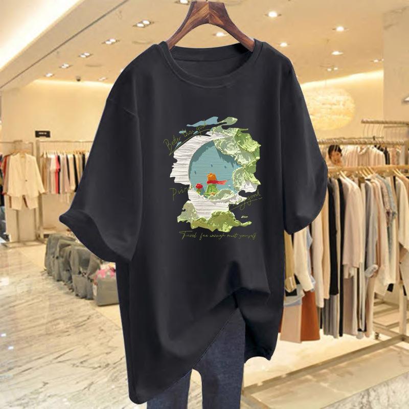 White Cotton Short-sleeved T-shirt Women's 2025 Summer New T-shirt Loose Large Size Medium and Long Large Version Top