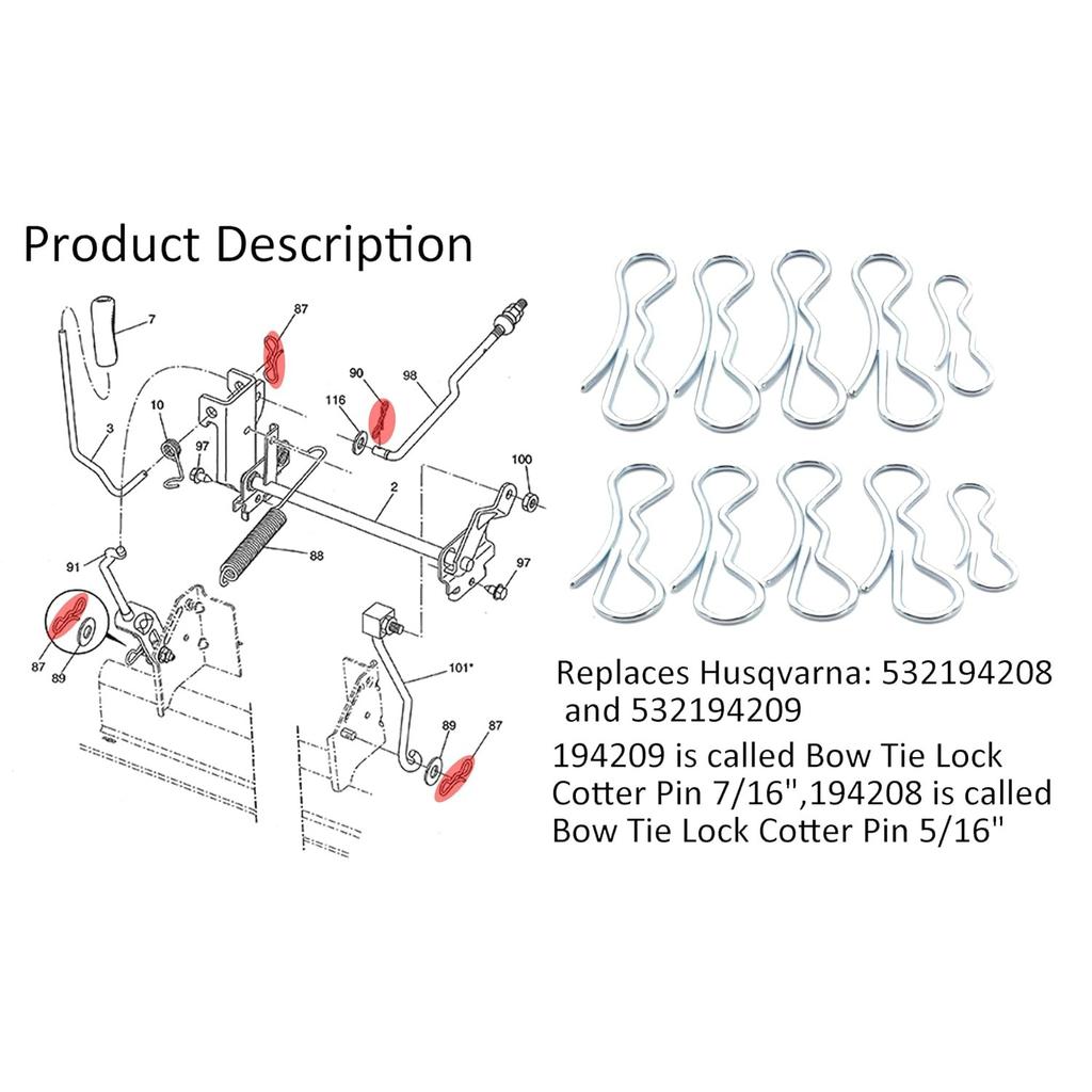 Deck Clip Set 194209 Bow Tie Lock Cotter Pins 194208 Bow Tie Lock Cotter Pin for Craftsman Poulan Husqvarna Mowers