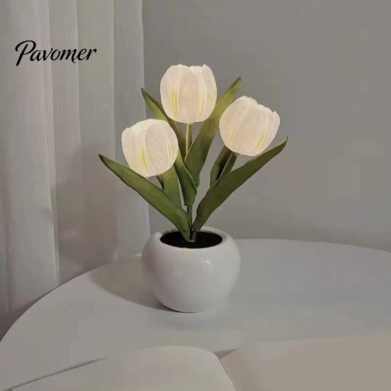 Wedding Centerpiece Table Lamp LED Tulip Flower Lamp, Battery Powered Artificial Night Light with Office Desk Decorative Ornament Ceramic Pot, Floral