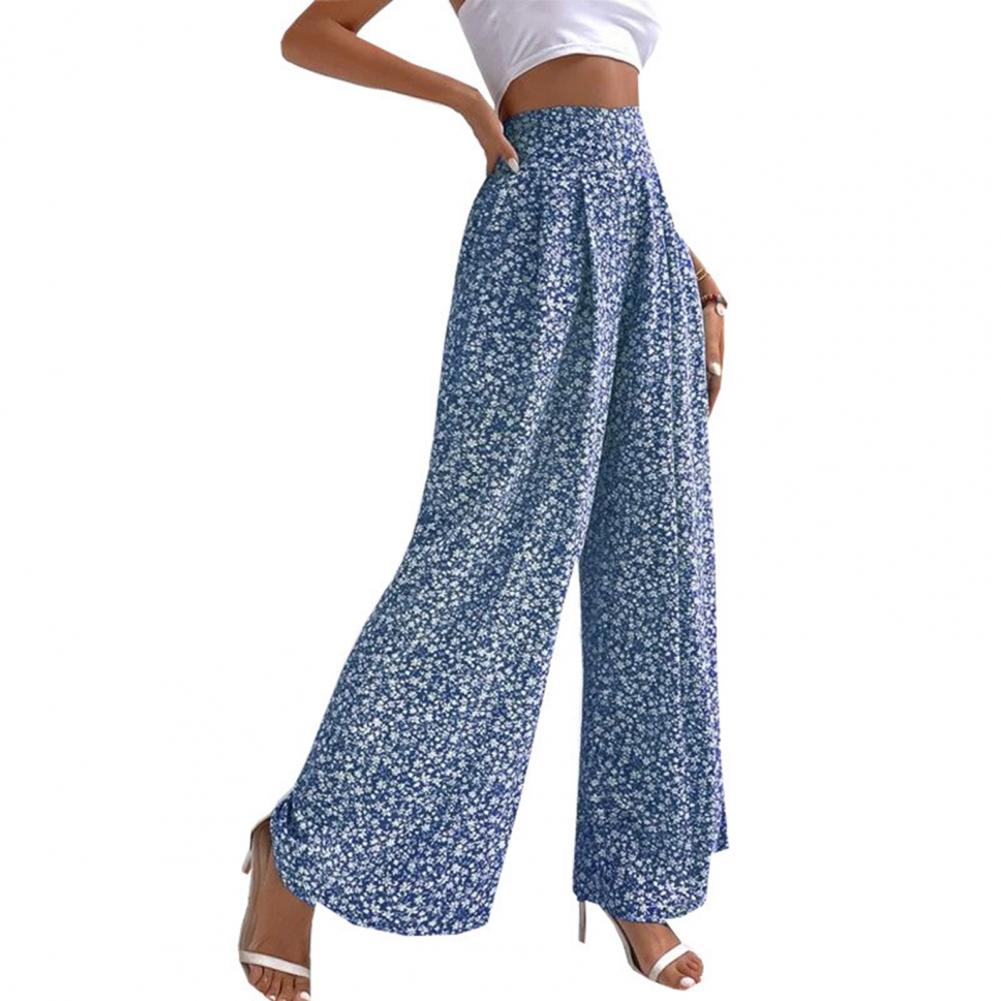 Women Casual Pants Elastic High Waist Straight Wide Leg Pants Floral Print Loose Fit Casual Trousers Daily Wear