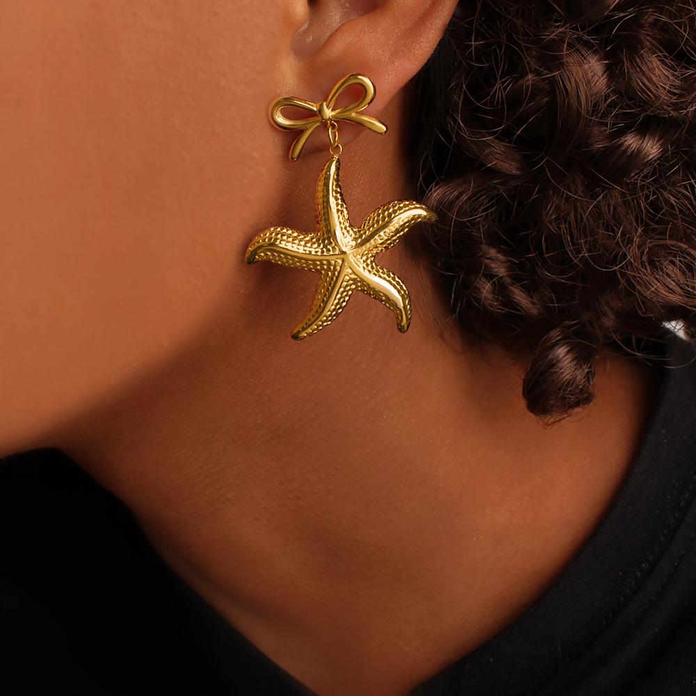 INS Women's Ocean-Themed Bow & Starfish Earrings, PVD 18K Gold-Plated Stainless Steel