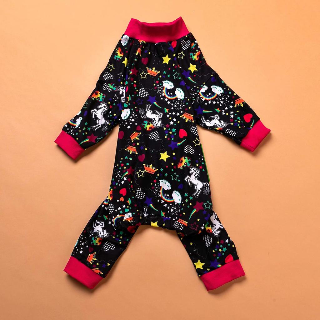 LovinPet Large Dog Pajamas Pitbull PJS: Wound Care/Post Surgery Dog Clothes, Onesies for Dogs, Unicorn Rainbows Black Print, Lightweight Stretchy