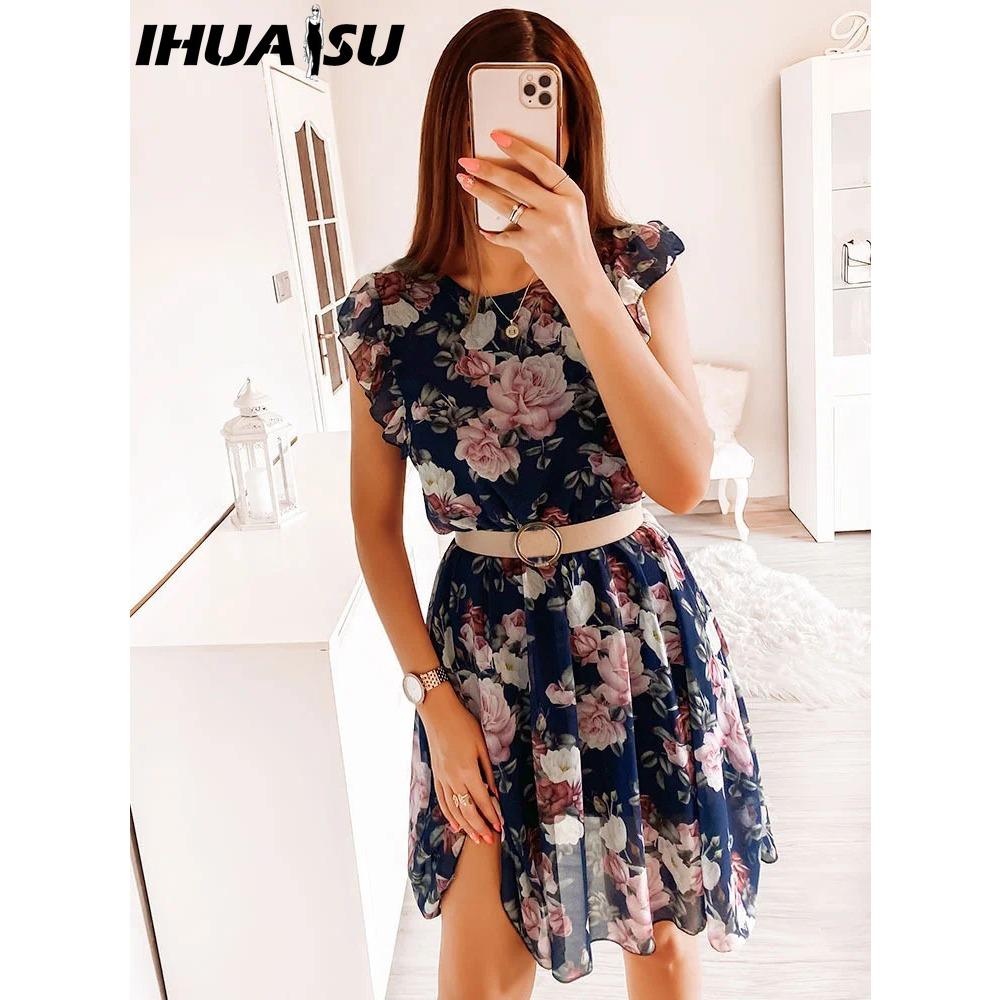 HNXC Fashion Women Casual Loose O-Neck Butterfly Sleeve Floral Print Dress