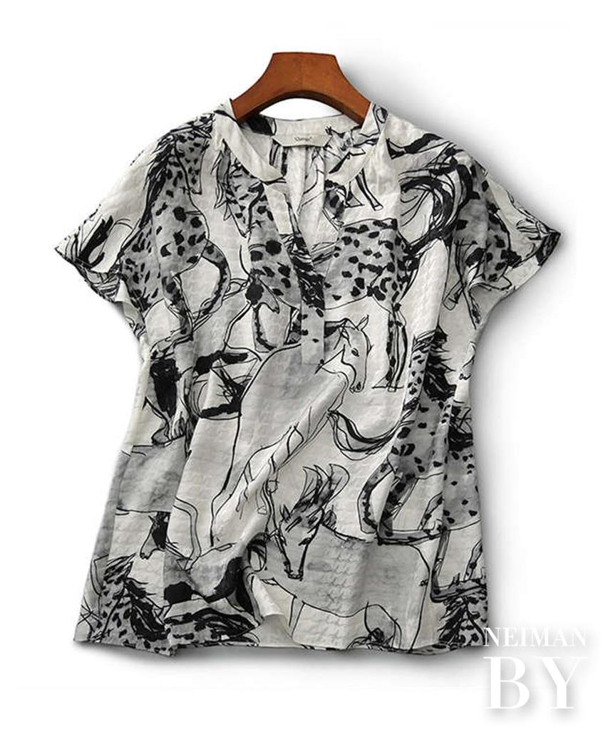 Neiman by Chiffon Blouse with Animal and Horse White and Short Summer Stylish White Elegant Business Short Sleeve Plus Sizes Cool Women's Print,