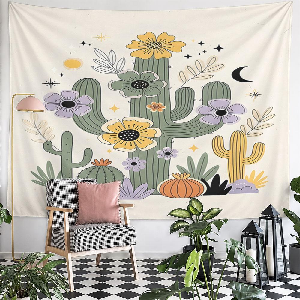 Floral Cactus and Desert Night Scene Pattern Wall Hanging Tapestry Decorative Tapestry Home Decor for Bedroom and Living Room