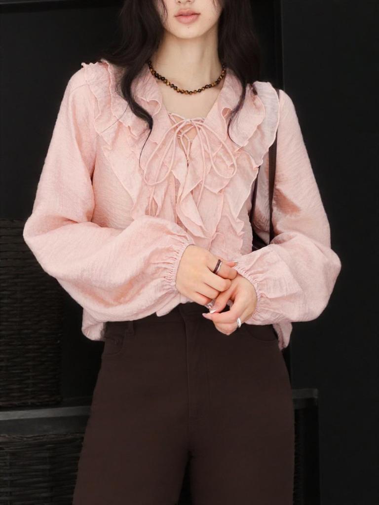 Spring Retro V-Neck Ruffle Lace-Up Women's Stylish Long-Sleeve Top - Versatile & Tummy-Concealing