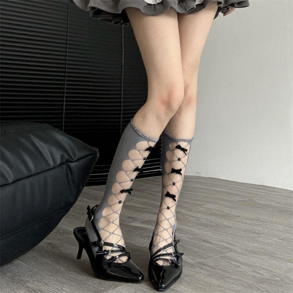 Hollow Out Fishnet Socks Thin Fabric Bow Socks New Net Stockings Girls Women