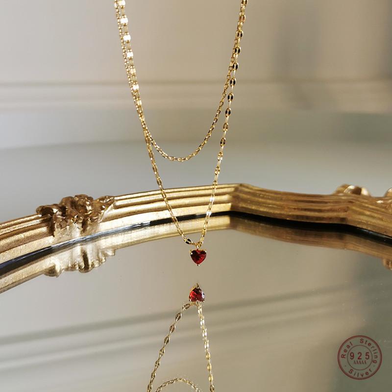 925 Sterling Silver Simple Heart Crystal Pendant Necklace Women Light Luxury Double Clavicle Chain Jewelry