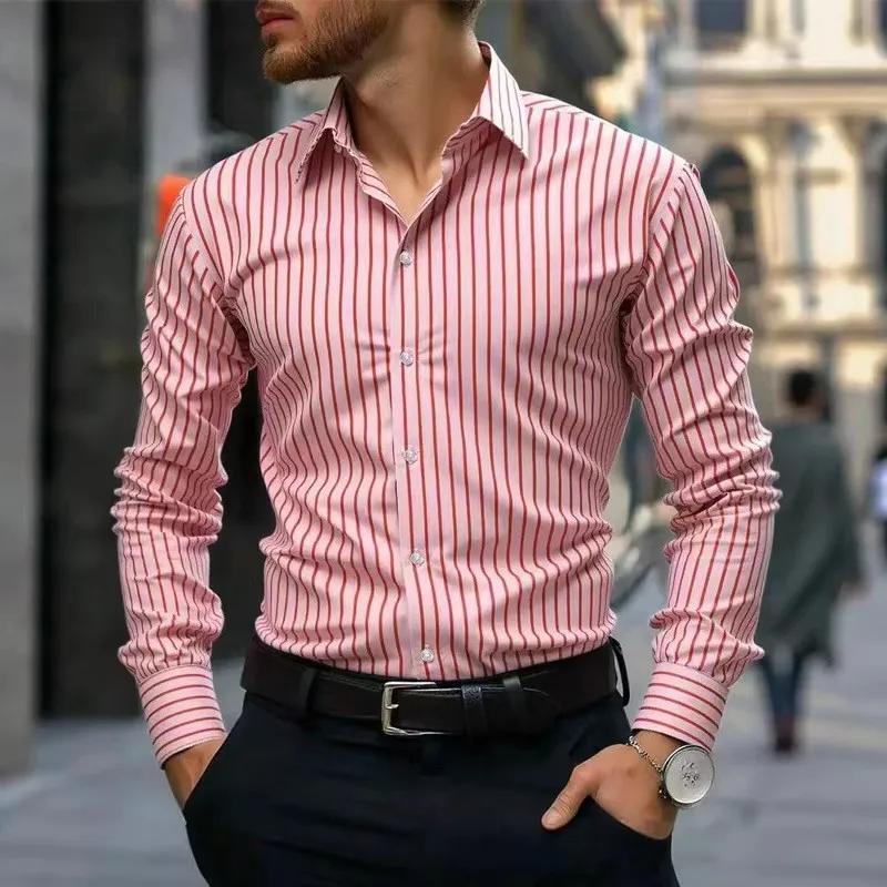 Spring Autumn Men Clothes Long Sleeve Stripe Shirt Men Business Casual Lapel Button Shirt Tops