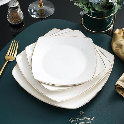 Gold-Rimmed White Ceramic Square Plate for Home: Dinner, Steak, Pasta, Dessert, Flat, or Shallow Use