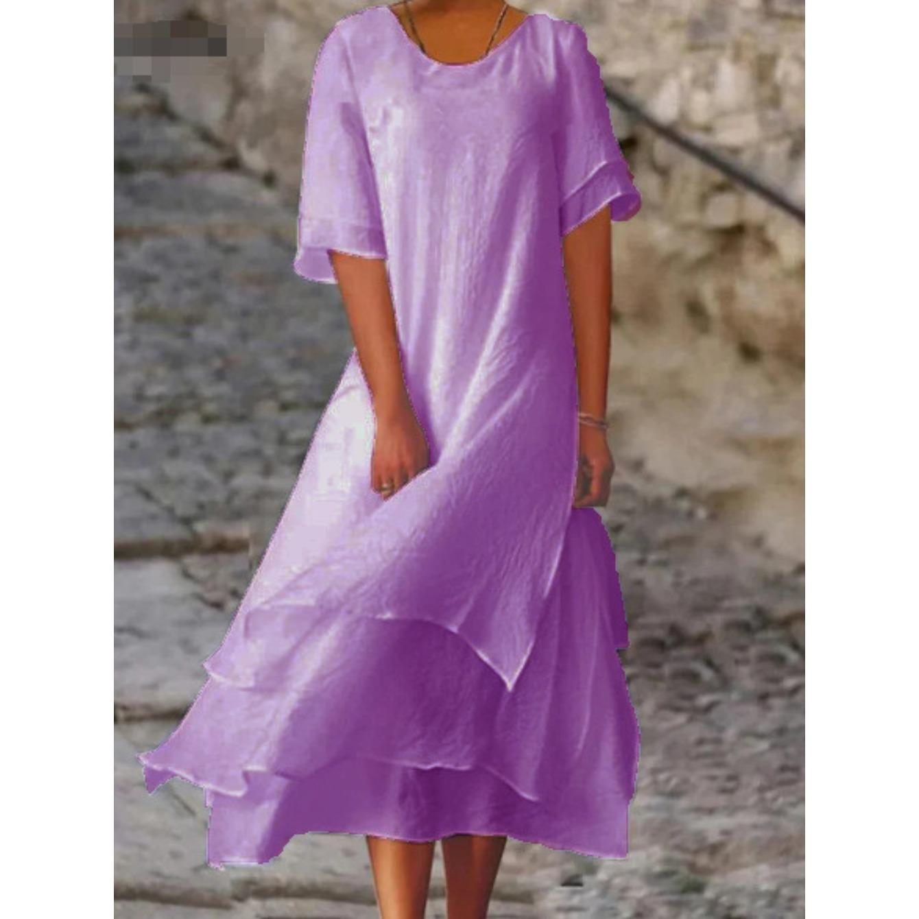 women s Plus Size Casual Round Neck Layered Ruffle Hem Irregular Midi Chiffon Dress S фиолетовый