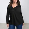 European and American Large-size Women's Clothing Spring and Autumn New V-neck Long-sleeved T-shirt, Chest Pleated Button Design Slim Top