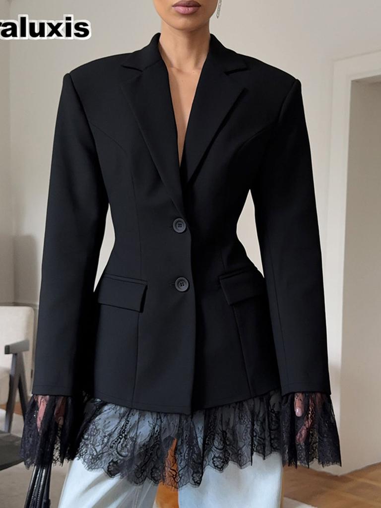 Fall Winter New High-End Slim Fit Lace Patchwork Blazer Design Fashion Elegant Style Coat