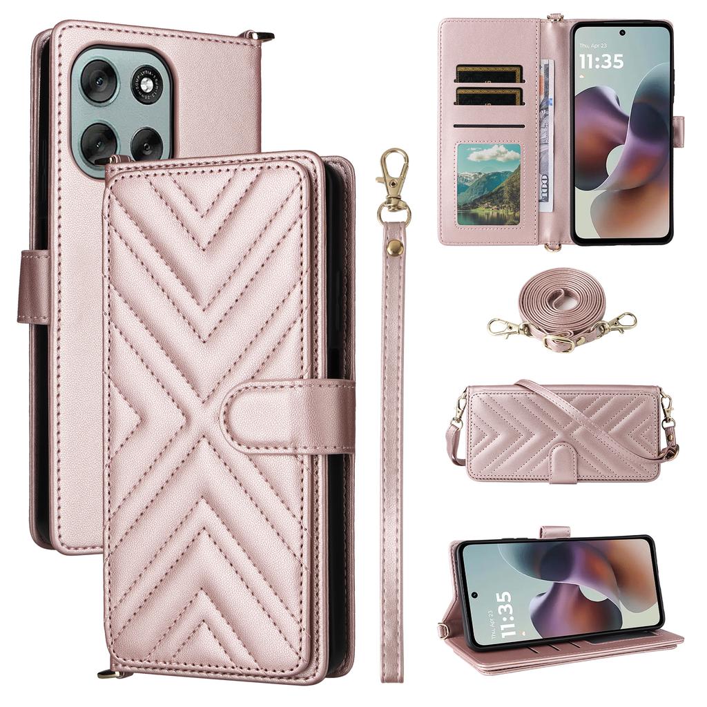 For Motorola Moto G56 5G Case with Shoulder/Wrist Strap Leather Phone Cover Stand Wallet