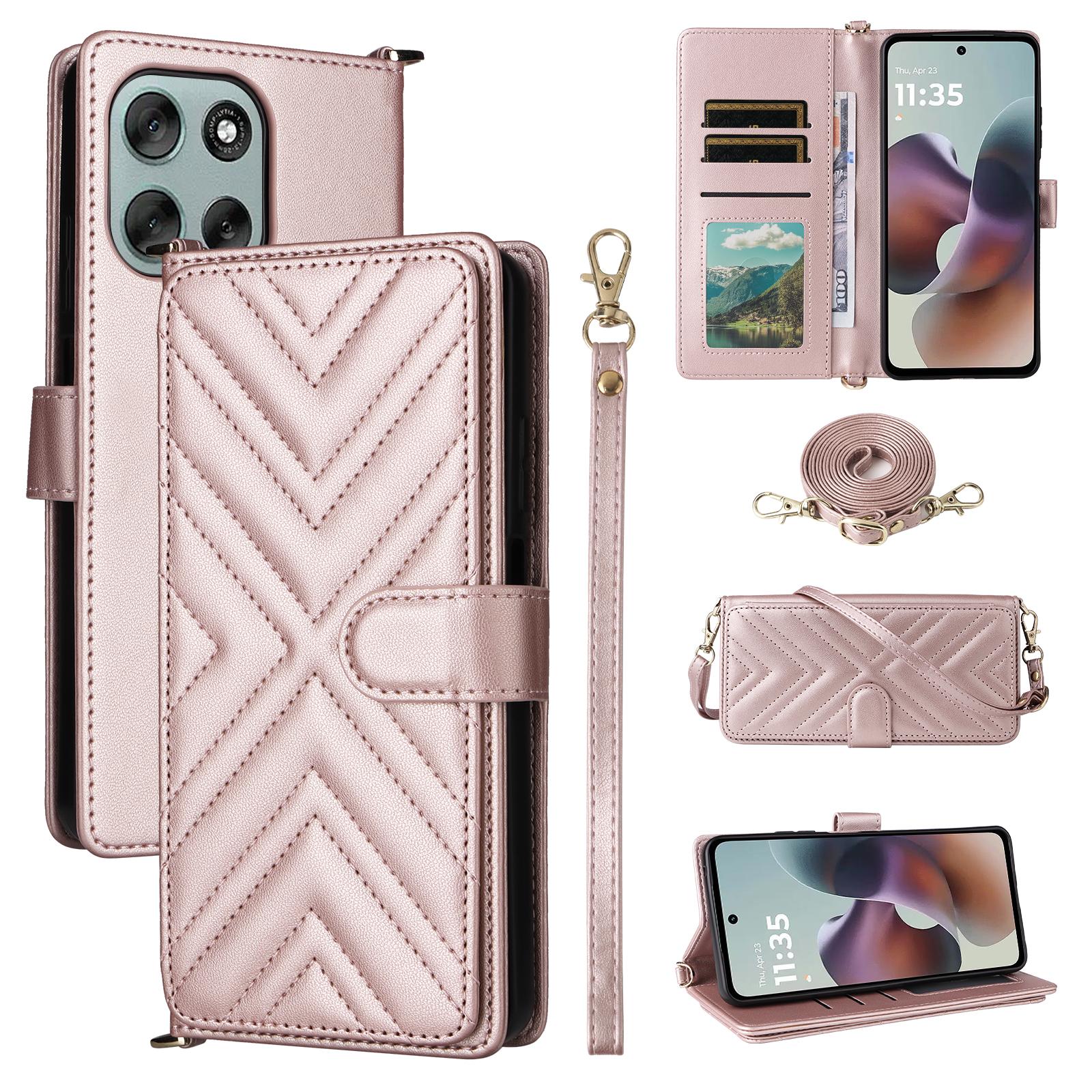 

For Motorola Moto G56 5G Case with Shoulder/Wrist Strap Leather Phone Cover Stand Wallet Pink