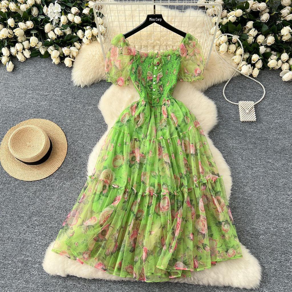 Abito Retrò Francese Floreale in Chiffon con Vita Cinciurata, Manica a Sbuffo Monospalla e Gonna in Rete