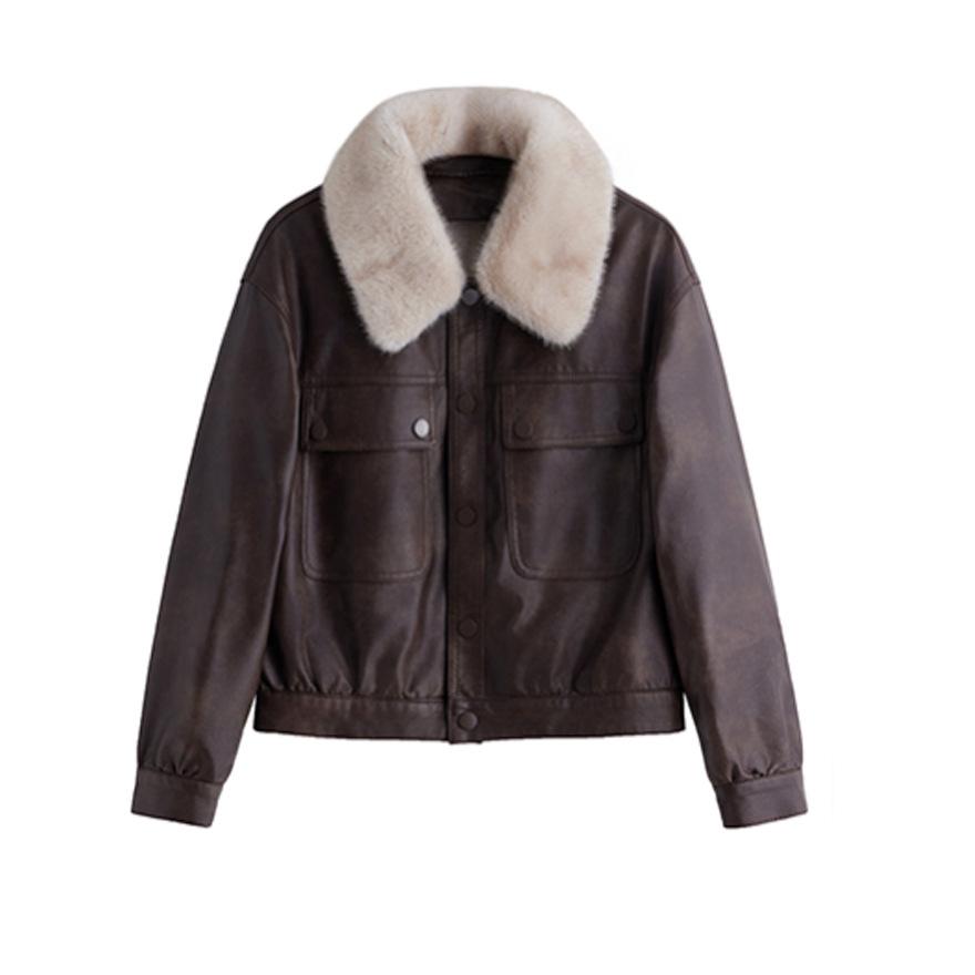 Fashion fleece thickened leather jacket women's winter new retro locomotive leather jacket short top