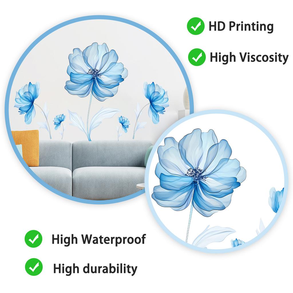 Light Blue Flower Wall Sticker for Bedroom Background Decor PVC Peel and Stick Decal