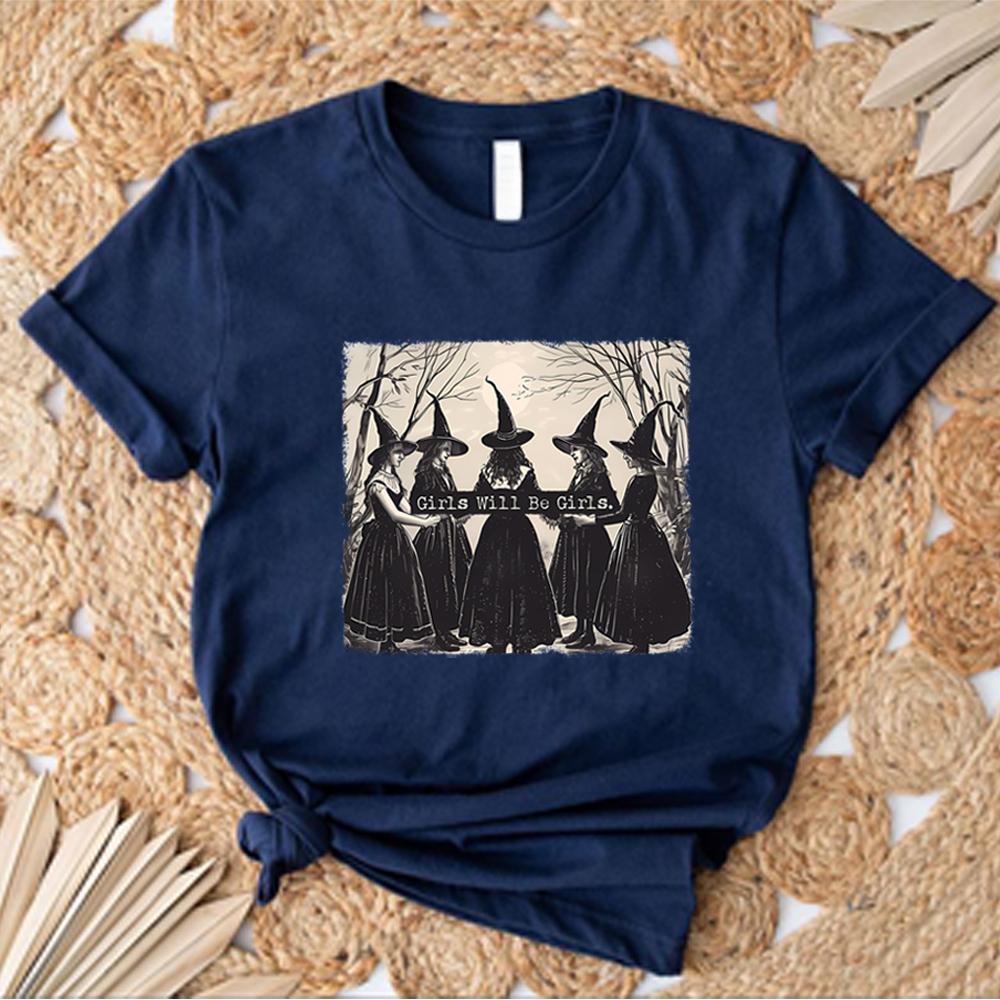 Vintage Girls Will Be Girls Witch Shirt Funny Witch Shirts Tees Halloween Women Clothes Witchy Vibes Graphic T Shirts