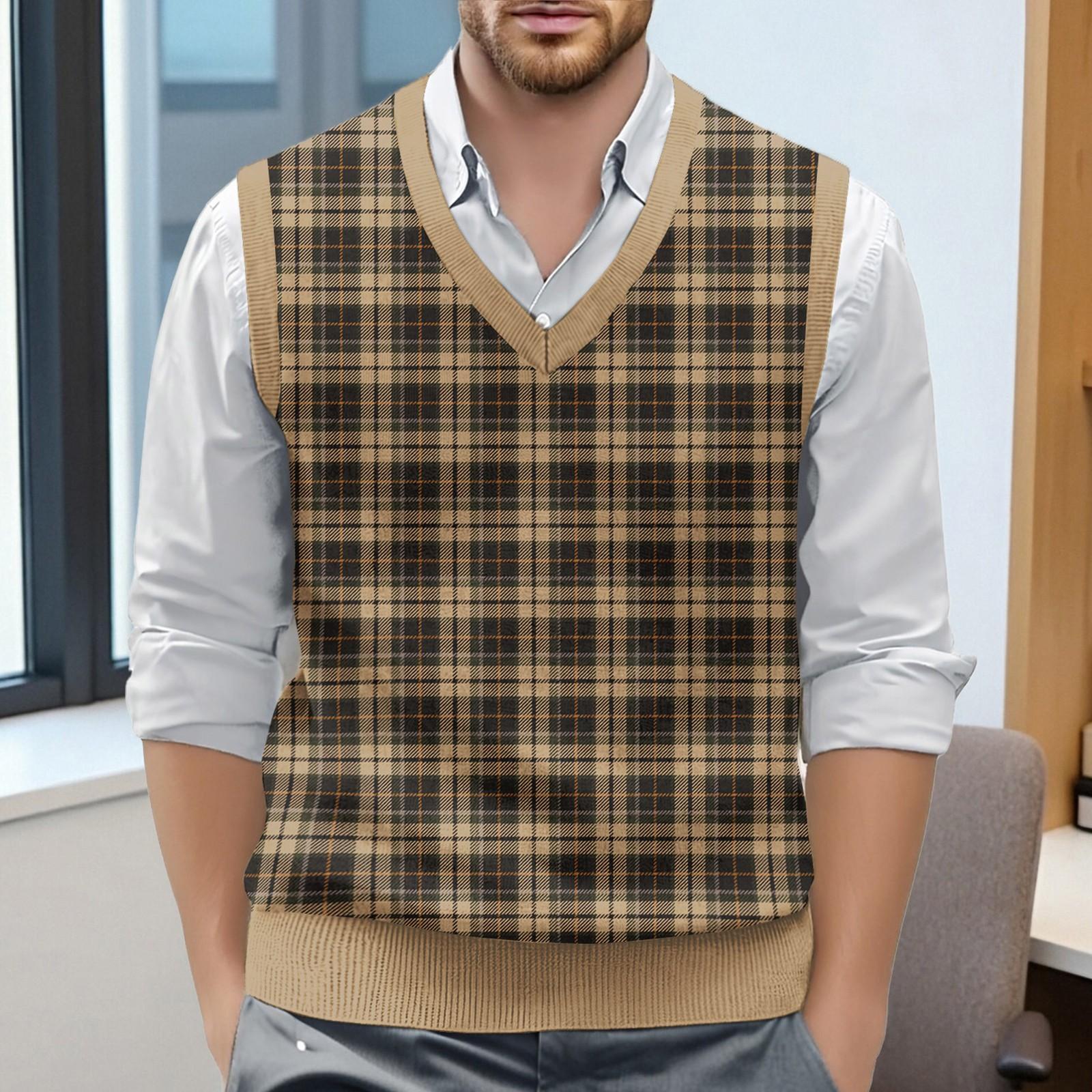 

Чоловічий в язаний джемпер з картатим принтом та V-подібним вирізом без рукавів XXL кавовий