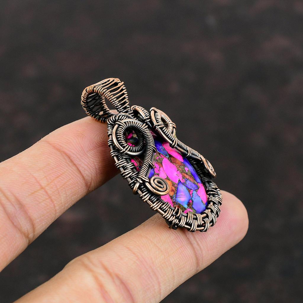 Natürlicher Kingman Pink Dahlie Türkis Anhänger Kupferdraht gewickelt Anhänger handgemachter Anhänger Kupferschmuck Hochzeitsgeschenk echter Edelstein Schmuck