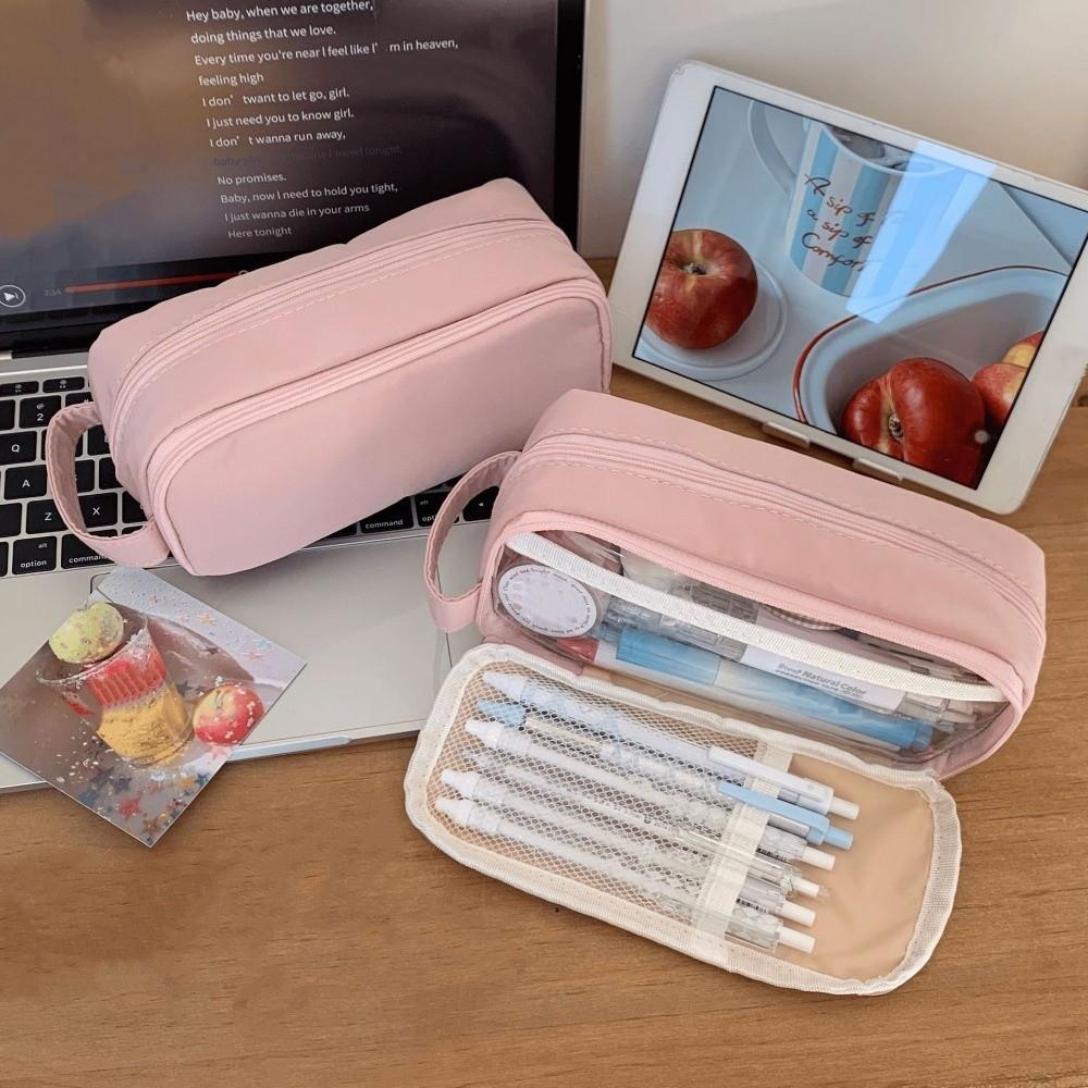 Pink Cloth Multilayer Pencil Case Large Capacity Solid Color Pencil Pouch Kids Children