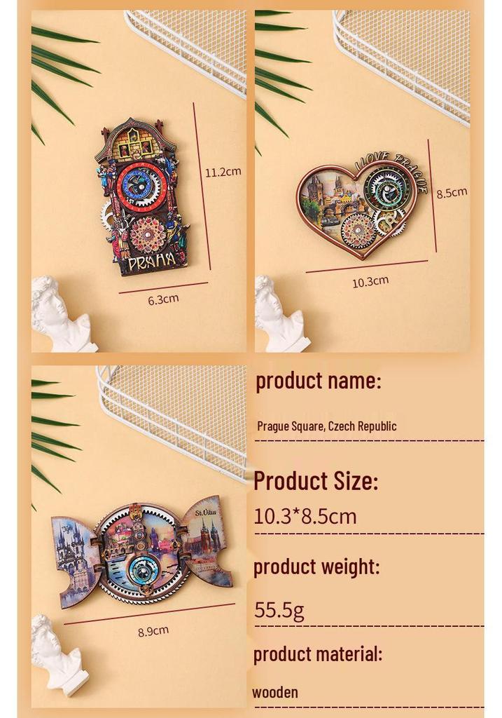 Prague Astronomical Clock 3D Wooden Magnet with Rotating Gears - Czech Travel Souvenir